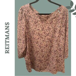 Reitmans Pink Floral Women's Blouse Top Boat Neckline 3/4 Sleeve Size 3X
